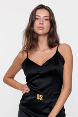 Top V en soie Noir