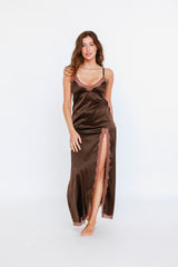 Robe de soirée longue fendue, Chocolat - Café - Vannina VESPERINI