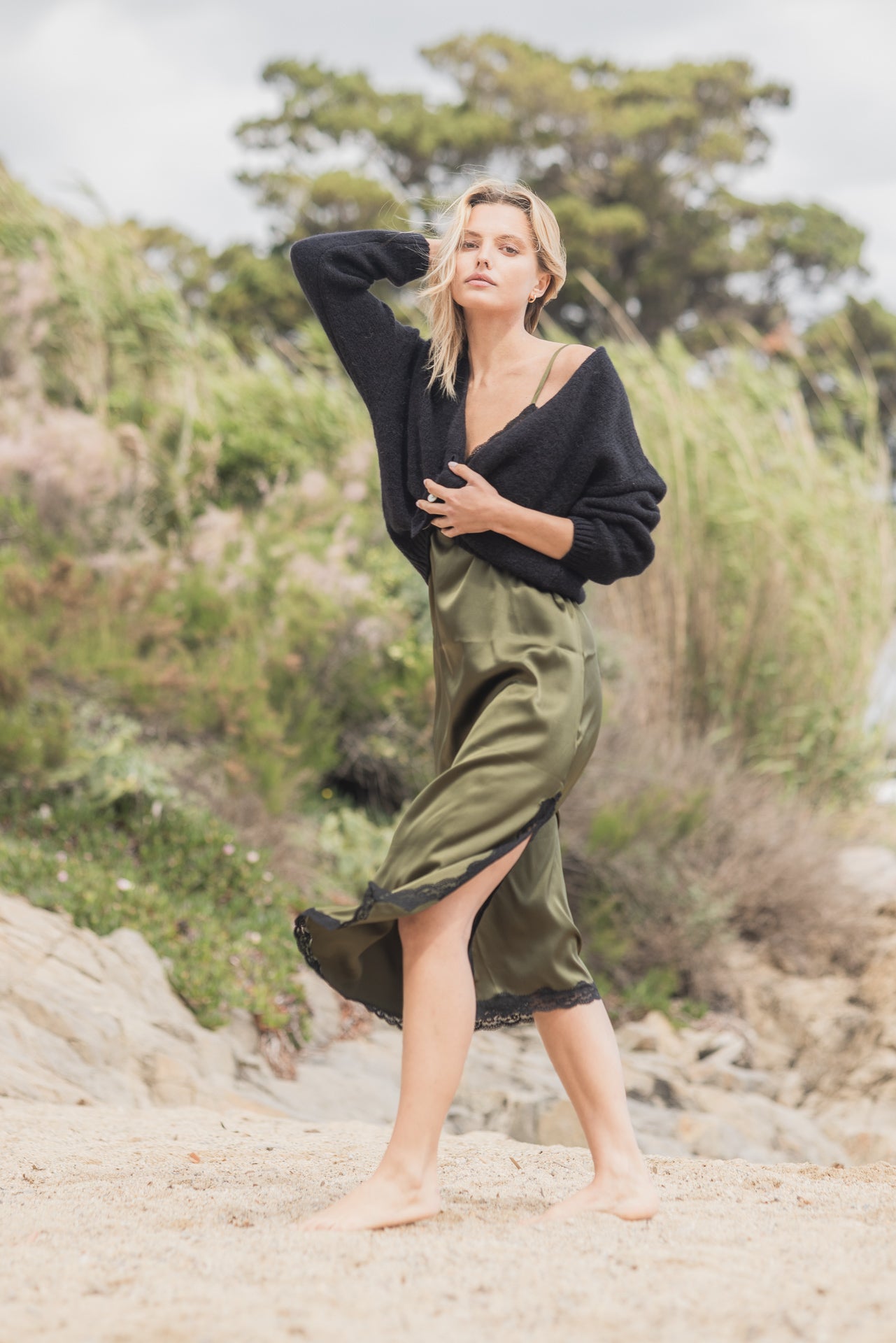 Robe midi en soie, Kaki - Noir - Vannina VESPERINI
