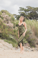 Robe midi en soie, Kaki - Noir - Vannina VESPERINI