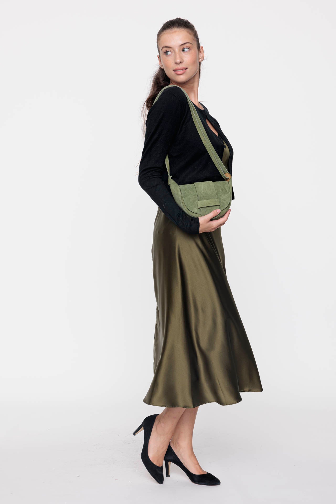 Khaki Midi Silk Skirt