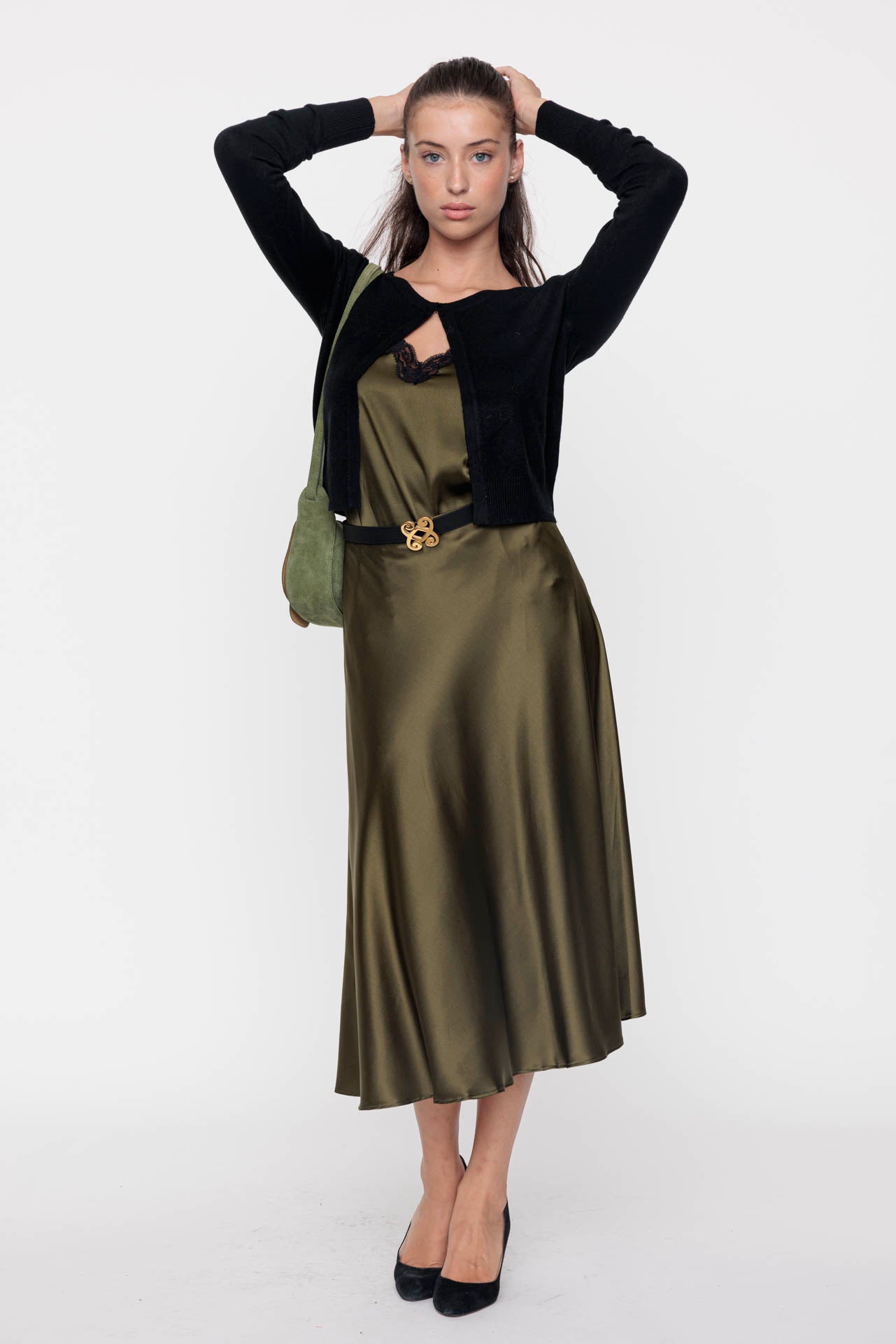 Khaki Midi Silk Skirt