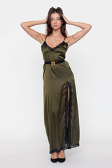 Long silk evening dress Khaki - Black