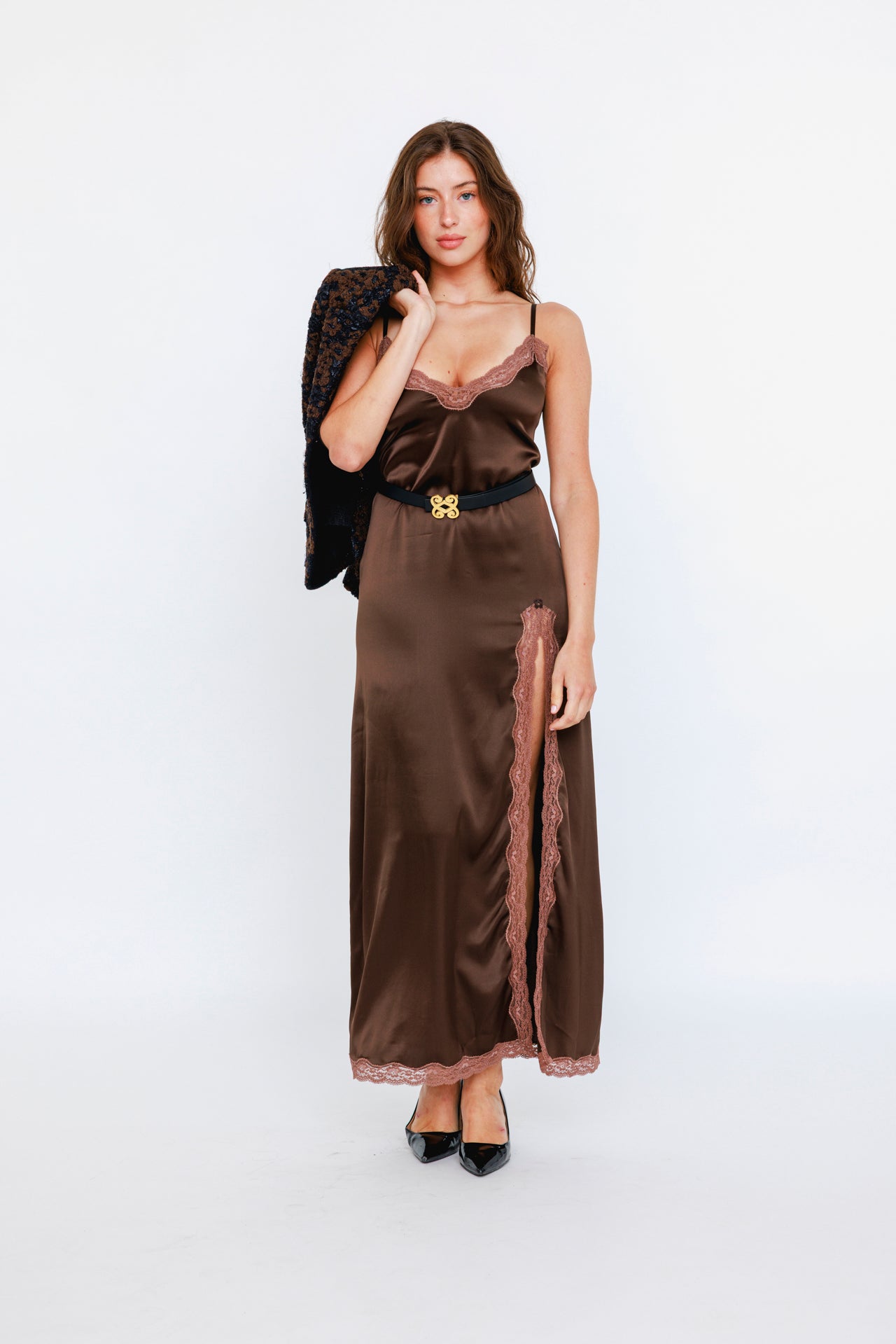 Robe de soirée longue fendue, Chocolat - Café - Vannina VESPERINI